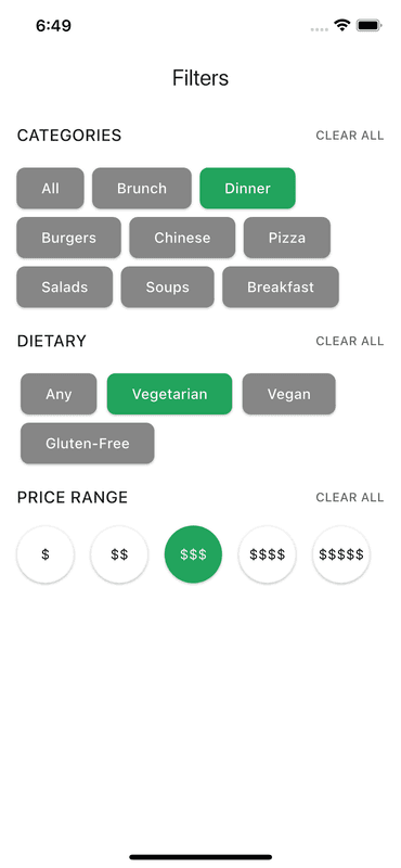 Food App Restaurant Filters Page